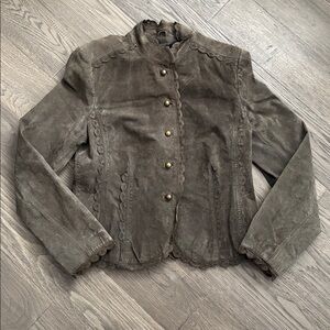 Simply JM | Olive Green 100% Leather Ruffled Accent Bomber Jacket Size Medium